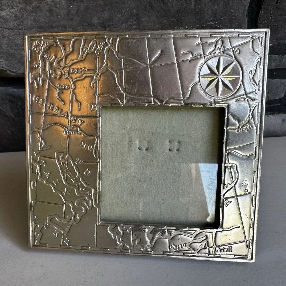 Vintage 90s Carr 3X3 Silver Metal Photo Picture Frame Old World Map Travel EUC